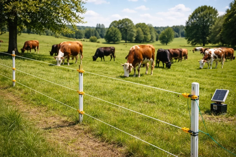 Cerco eléctrico ganadero en campo abierto con ganado pastando