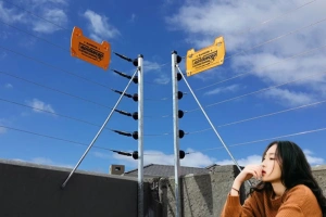 mujer pensando frente a un cerco electrico